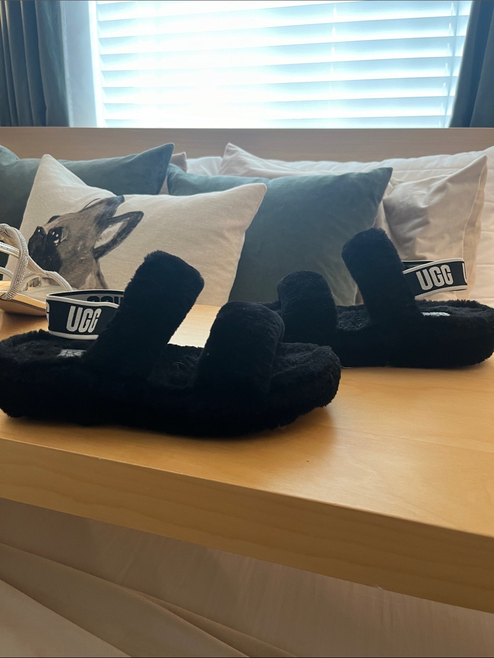 UGG Black Fuzzy Double-Strap Slide Sandals with Logo Heel